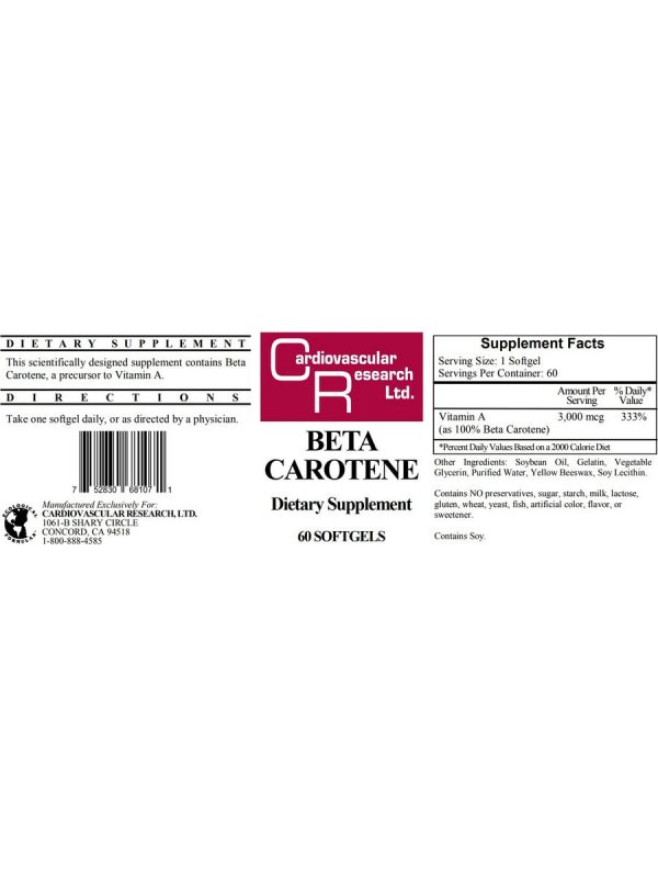 Cardiovascular Research Ltd., Beta Carotene, 60 Softgels Cheap