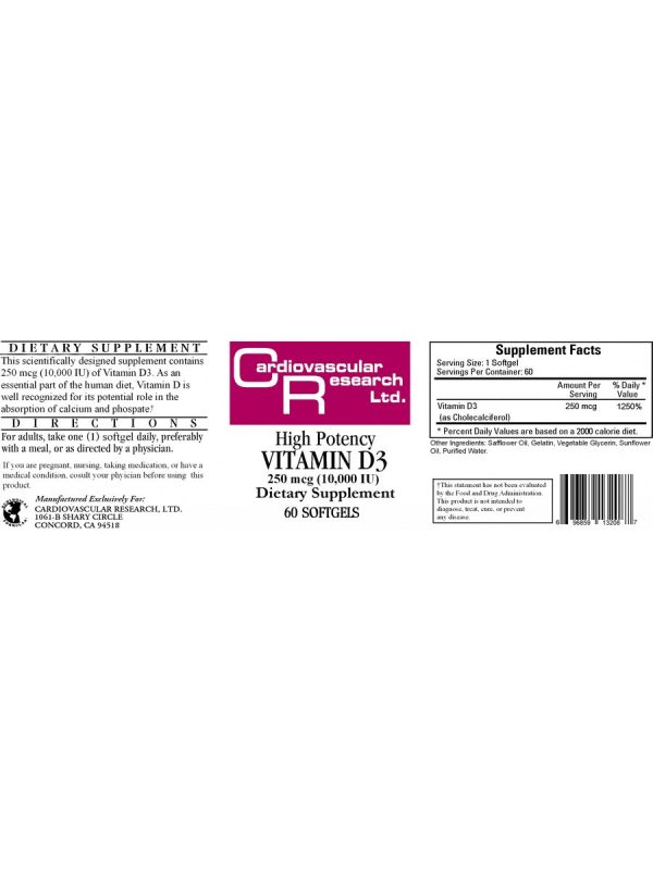 Cardiovascular Research Ltd., High Potency Vitamin D3, 250 mcg, 60 Softgels For Sale