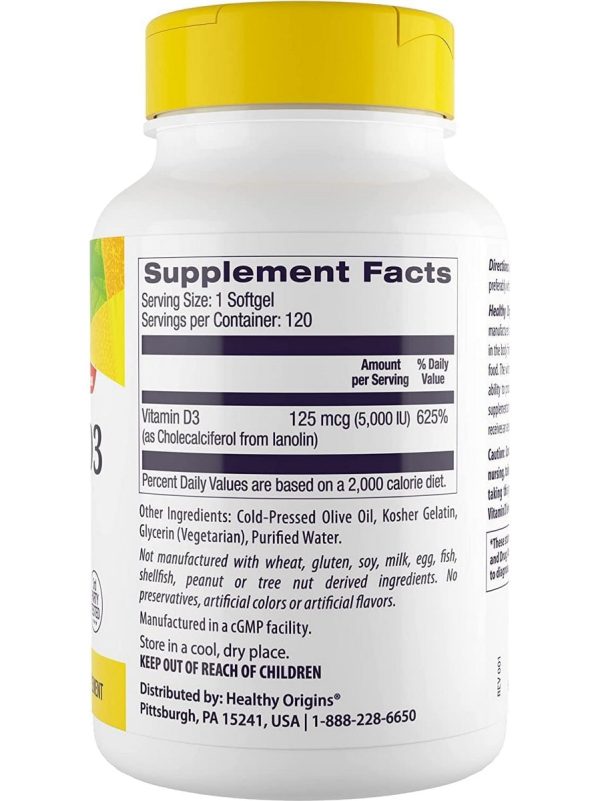 Healthy Origins, Vitamin D3 5,000 IU, 125 mcg, 120 Softgels For Discount