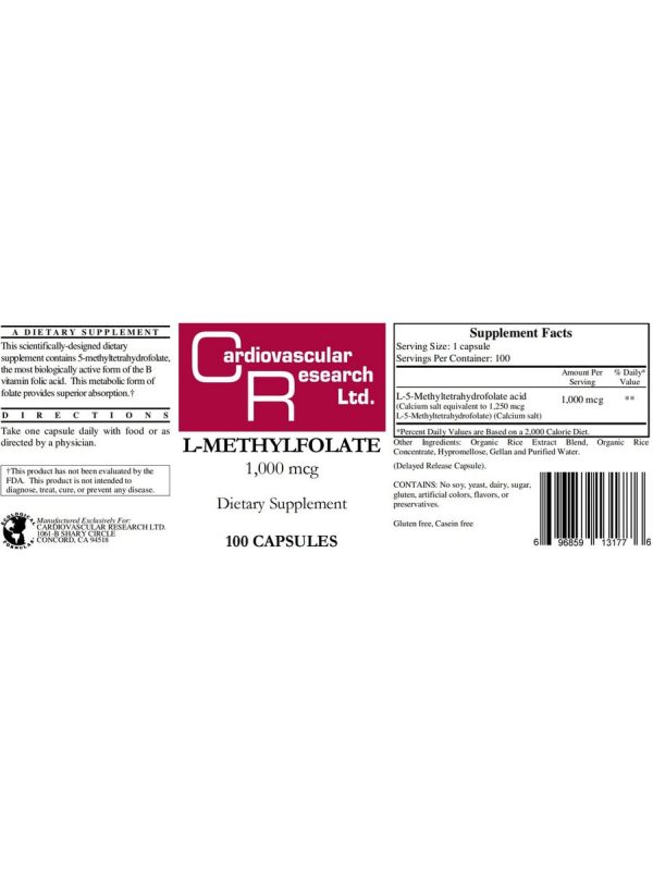 Cardiovascular Research Ltd., L-Methylfolate, 1,000 mcg, 100 Capsules Online Sale