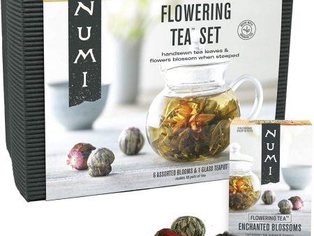 Numi, Flowering Tea Set, Handsewn Tea Leaves & Flower Blossoms, 6 Assorted Blooms and 1 Glass Teapot Supply